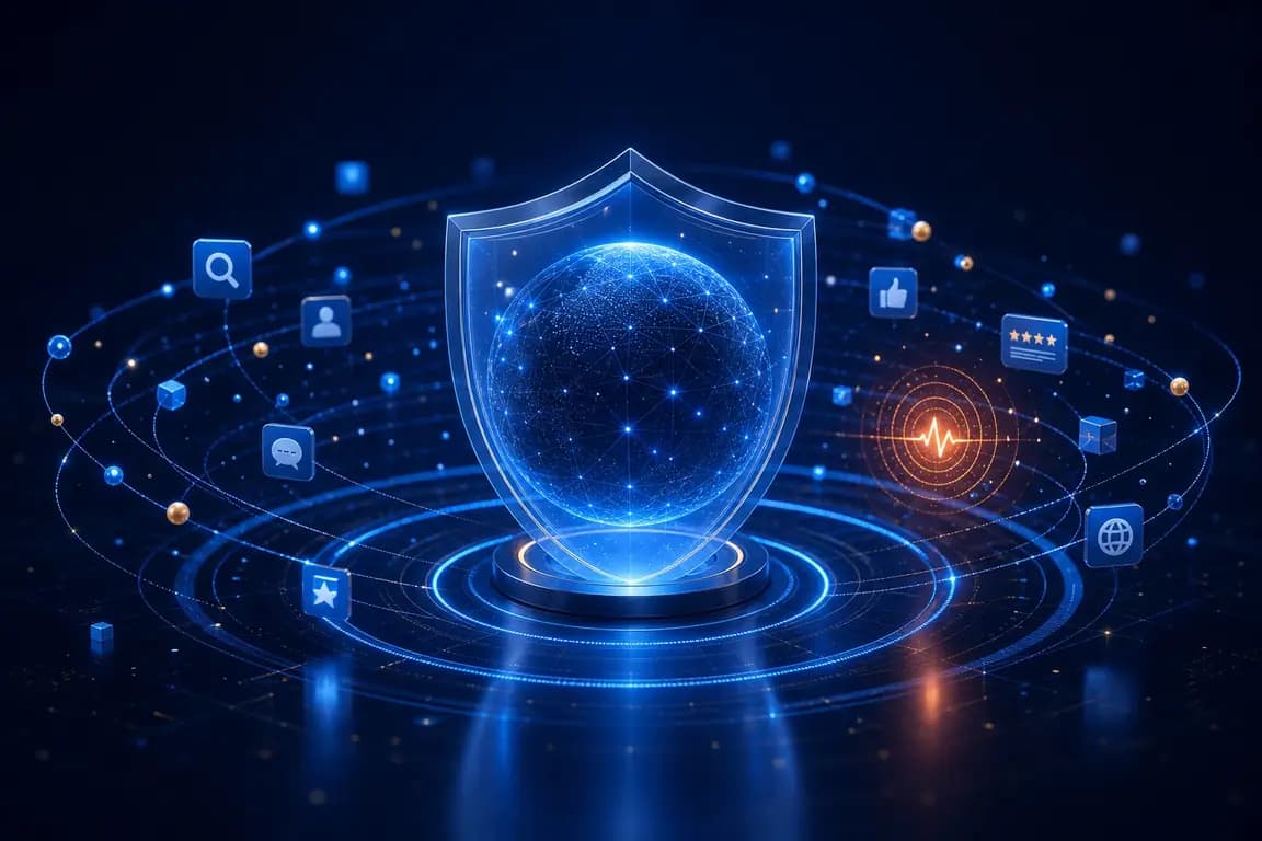 A protected brand sphere monitored across search, review, social, and domain channels